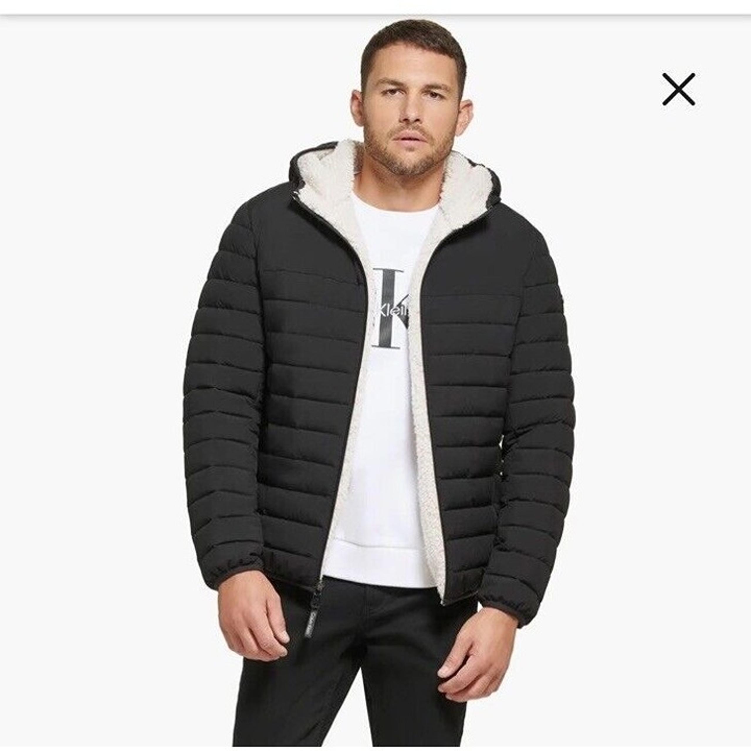 Calvin Klein Coat Men's Sz XL Hooded Quilted Coat Sherpa-lined Black