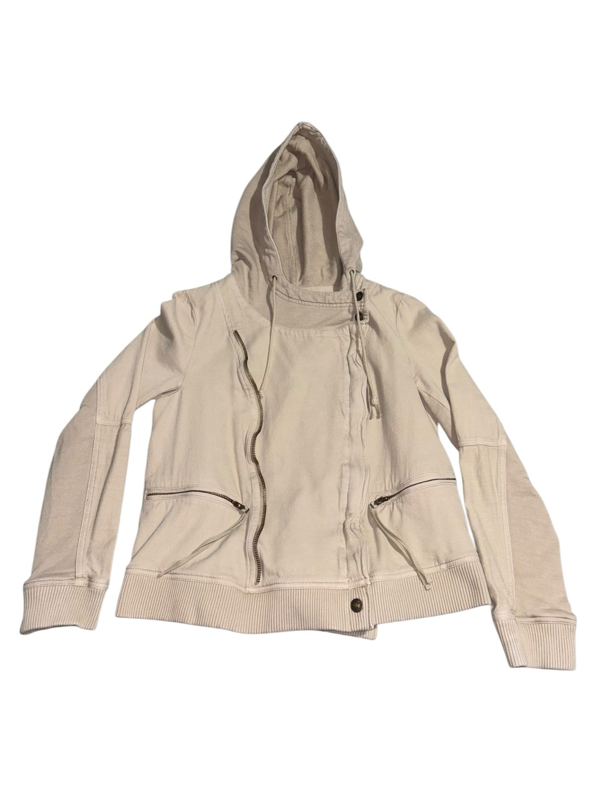 M Free People Carmen Moto Jacket Tan Beige Cream Zipper Hoodie paneled button