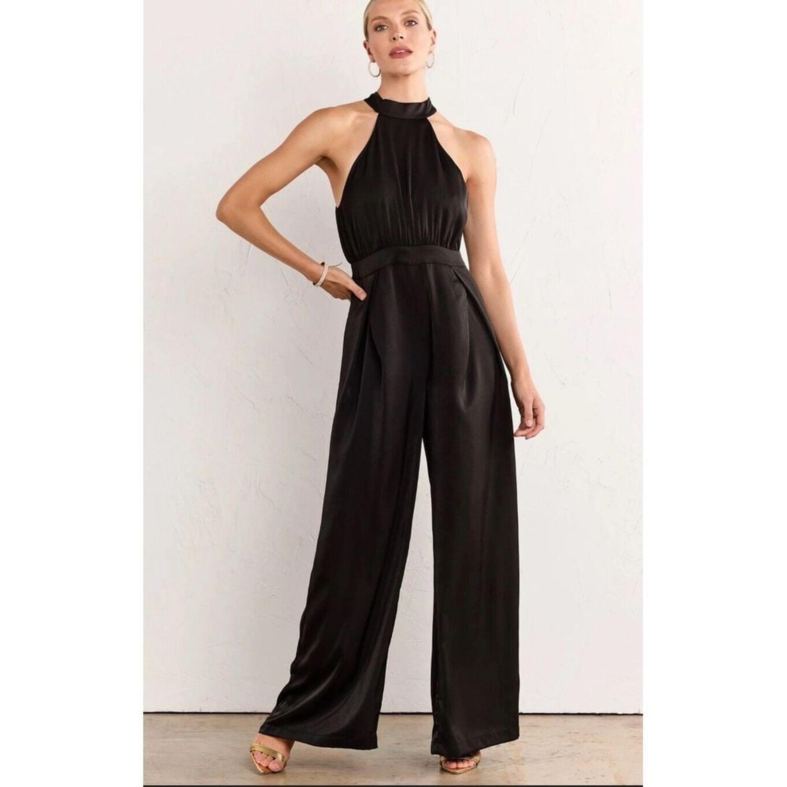 New York & Company Women's S Halter Black Bow Neck Tie Wide Leg Stretch Jumpsuit