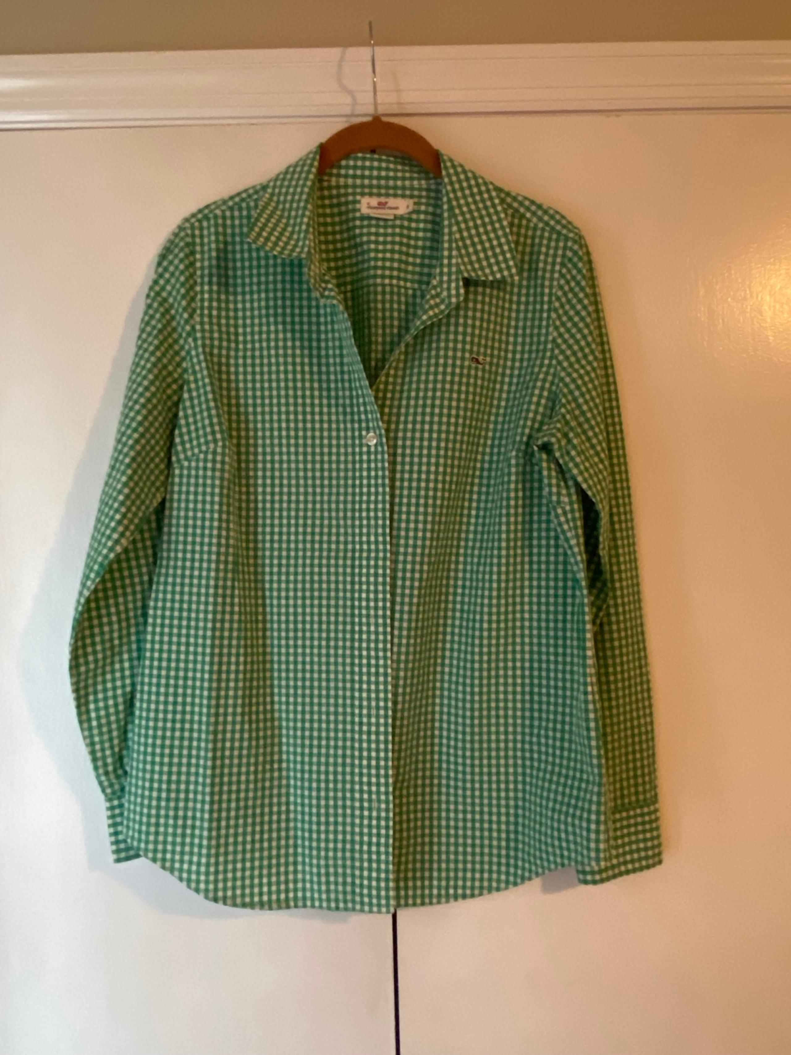 Vineyard vines Women’s Sz 8 green & white plaid check cotton button down shirt