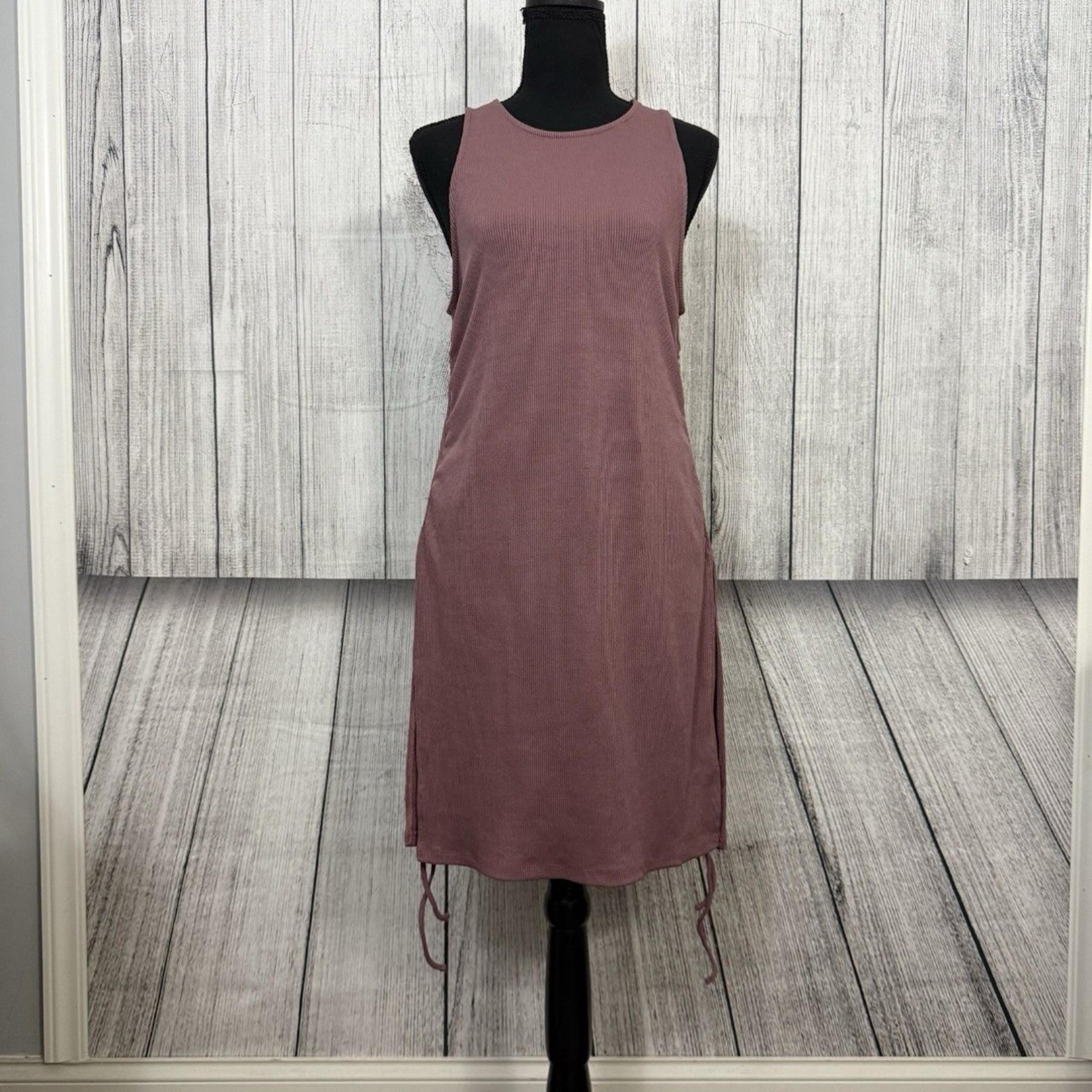 Zara Women's Large Mauve Rib Knit Side Ruched Tie Slit  Bodycon Midi Dress