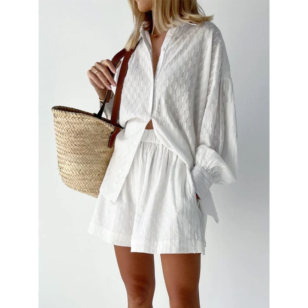 Commense White Textured Oversized Beach Shirt and Shorts Set Summer Vacation XS