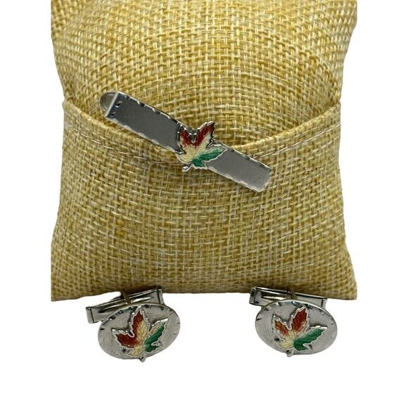 Sterling Silver Maple Leaf Cufflinks & Tie Clip Set With Enamel Accents