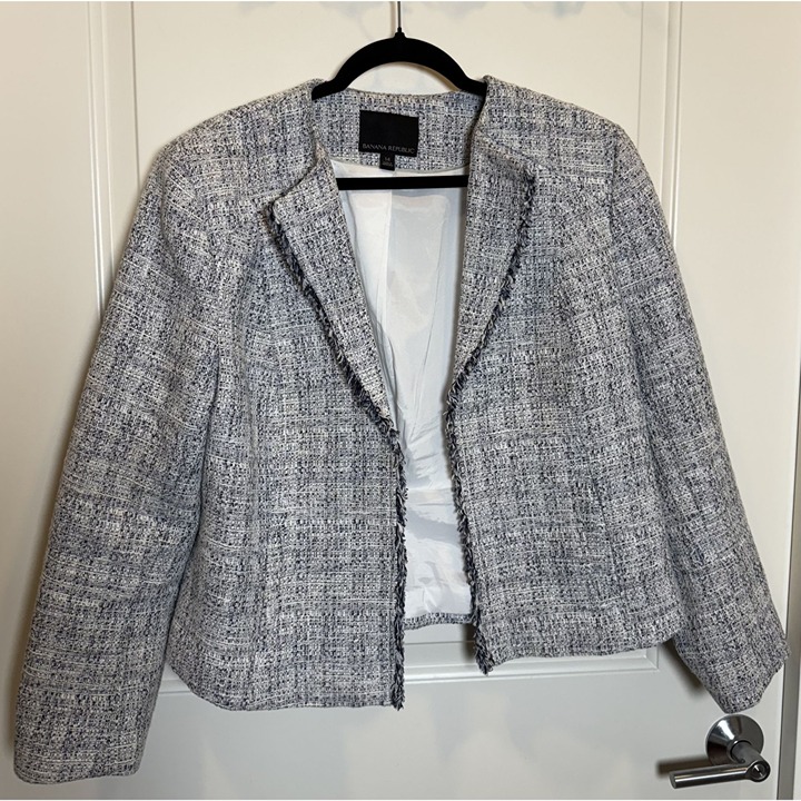 Banana Republic Womens Tweed Blazer Size 14 Blue & White Textured Frayed Edge Co