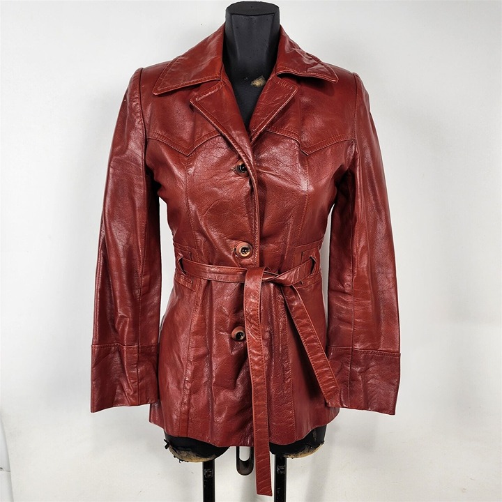 Vintage Red Leather Jacket Womens Button Front Waist Tie Size S