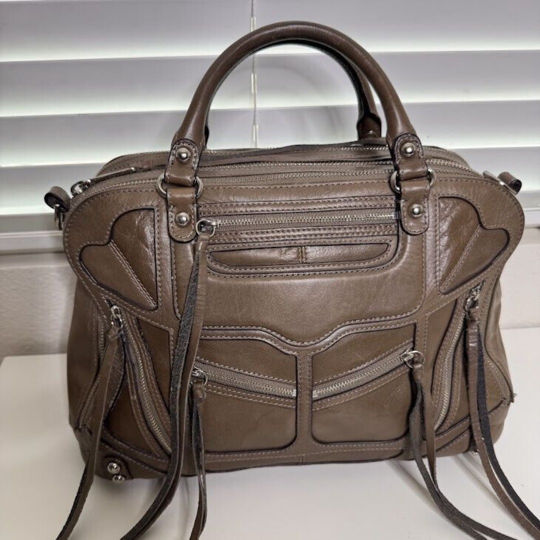 Rebecca Minkoff Purse 90s Y2K Leather Satchel Bag Tan Tri-Zip Handbag Crossbody