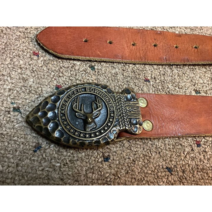 American Bowhunter Buck Brass Arrowhead Heavy Belt Buckle BrownLeather Belt Sz38