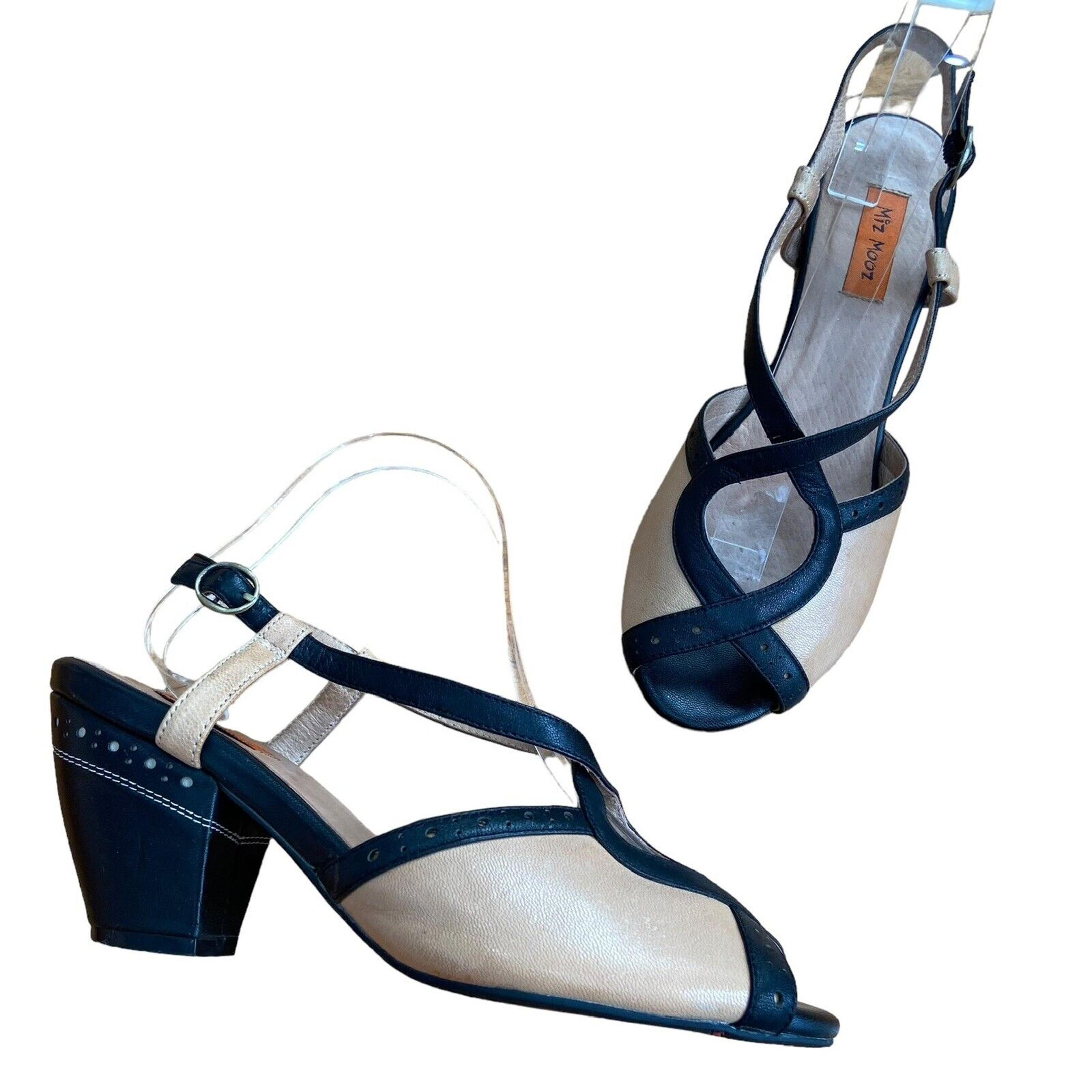 Women's Miz Mooz Preppy Tan & Black Leather Peep Toe Sandals Heels Shoes Size 8