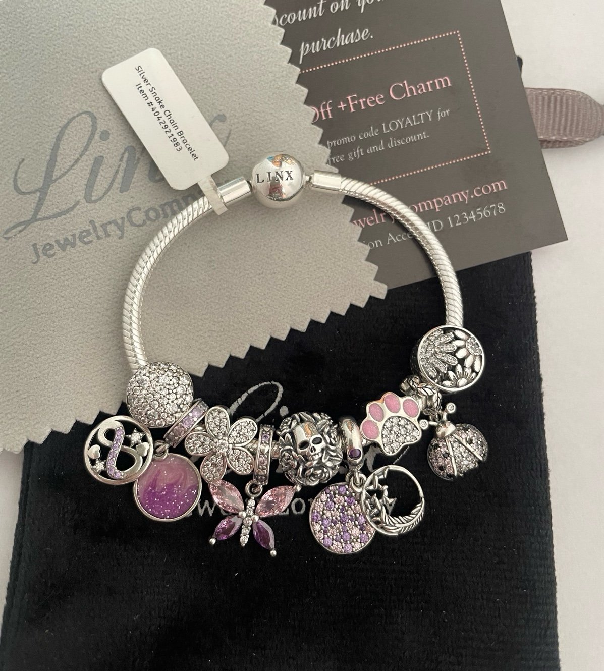 Linx Snake Chain Bracelet with Pink and Purple Themed Charms 925 sterling silver