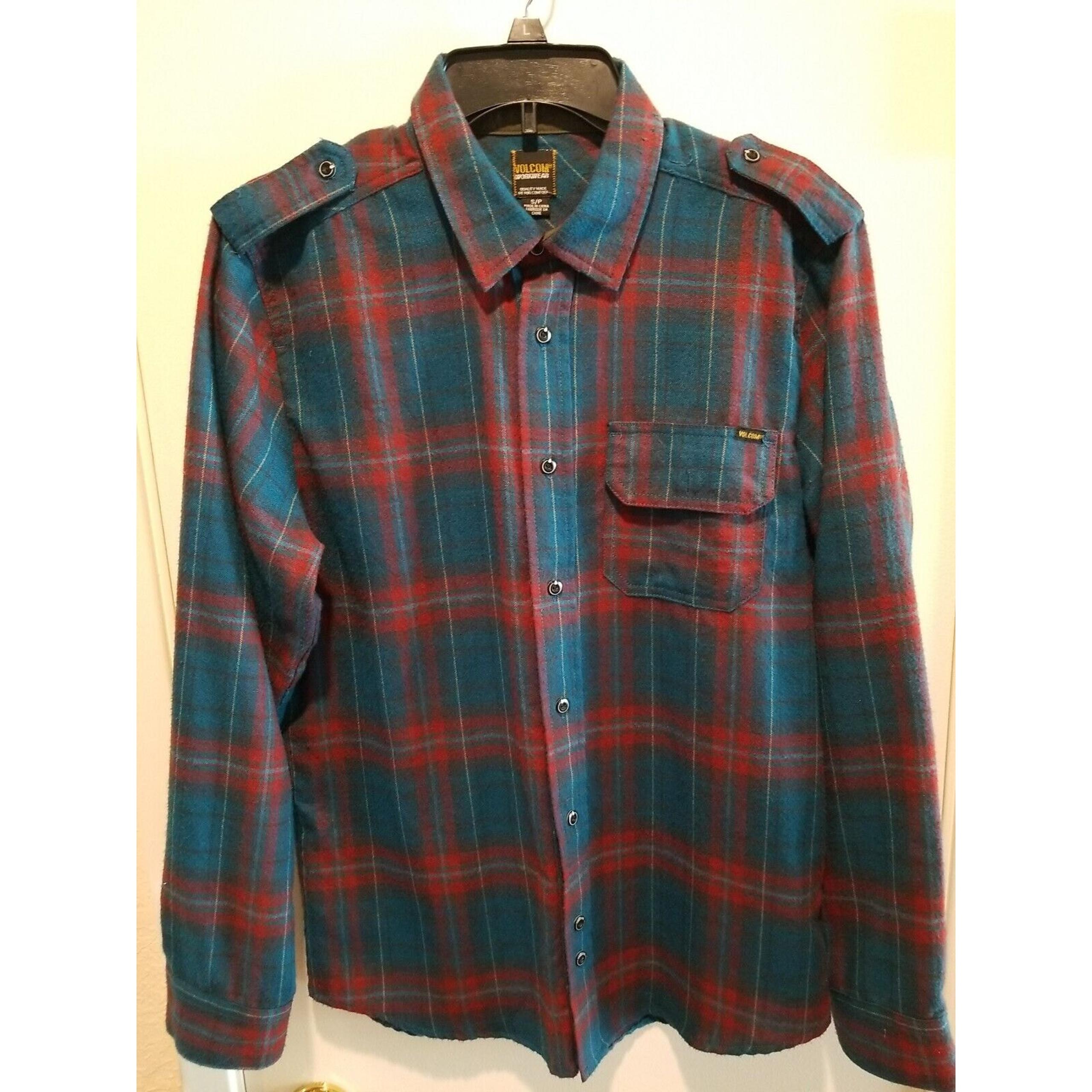 Volcom Button Up Shirt Mens Small Teal Red Classic Fit Plaid Cotton Flannel
