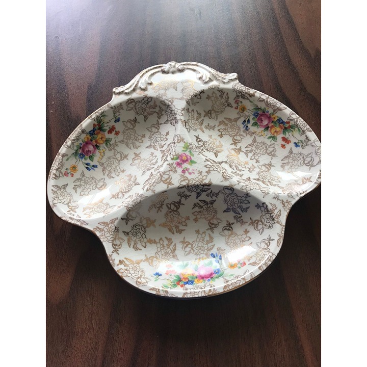 Vintage BCM Nelson Ware Serving Dish 3 Oval Sections Intricate Gold & Floral