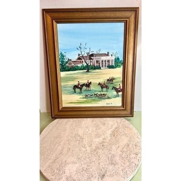 Vtg Sharon B Original Art Painting on Canvas Horses Dogs House Framed 17x21.5