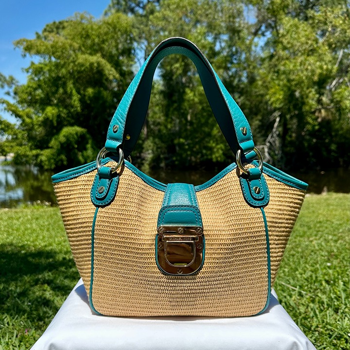 MICHAEL Michael Kors Charlton Blue Leather & Straw Push Lock Tote Shoulder Bag