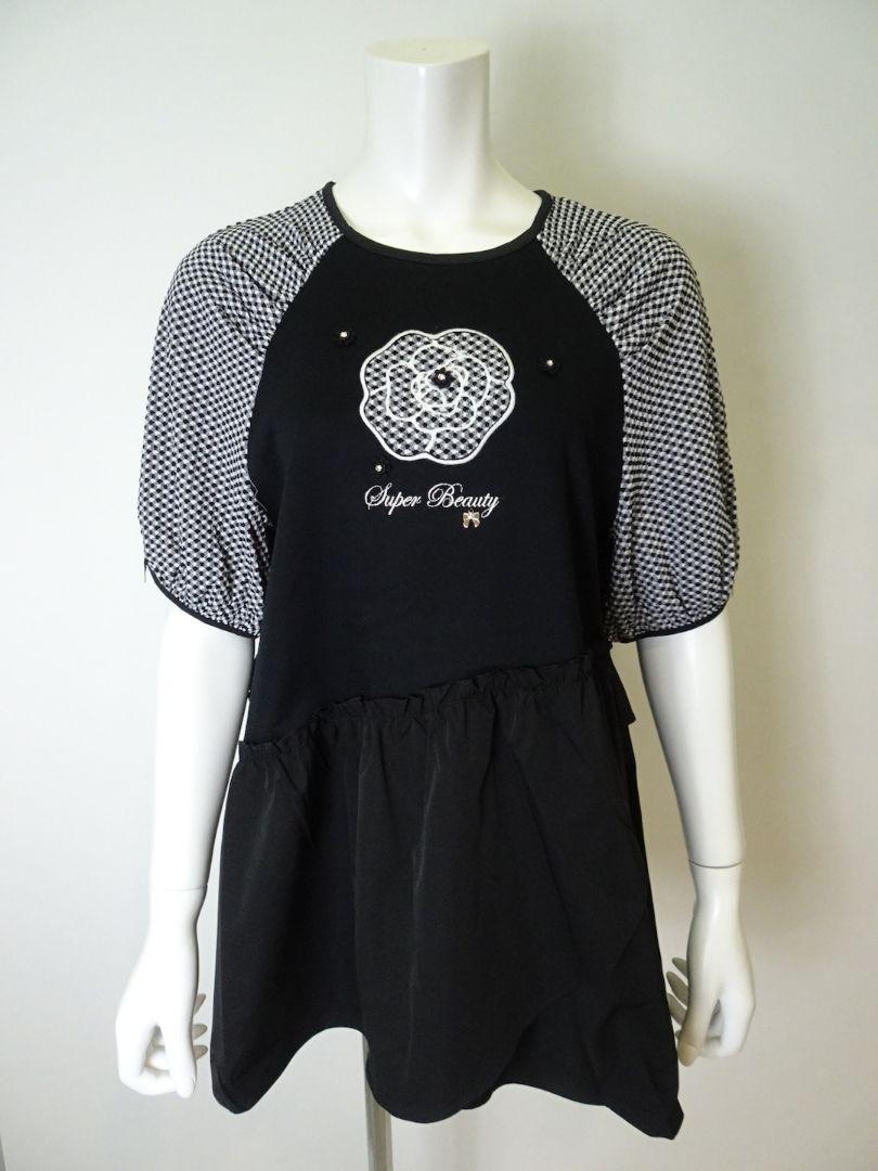 【New】Super Beauty Sleeve Gingham Check Pattern Chest Flower Design Tunic 44