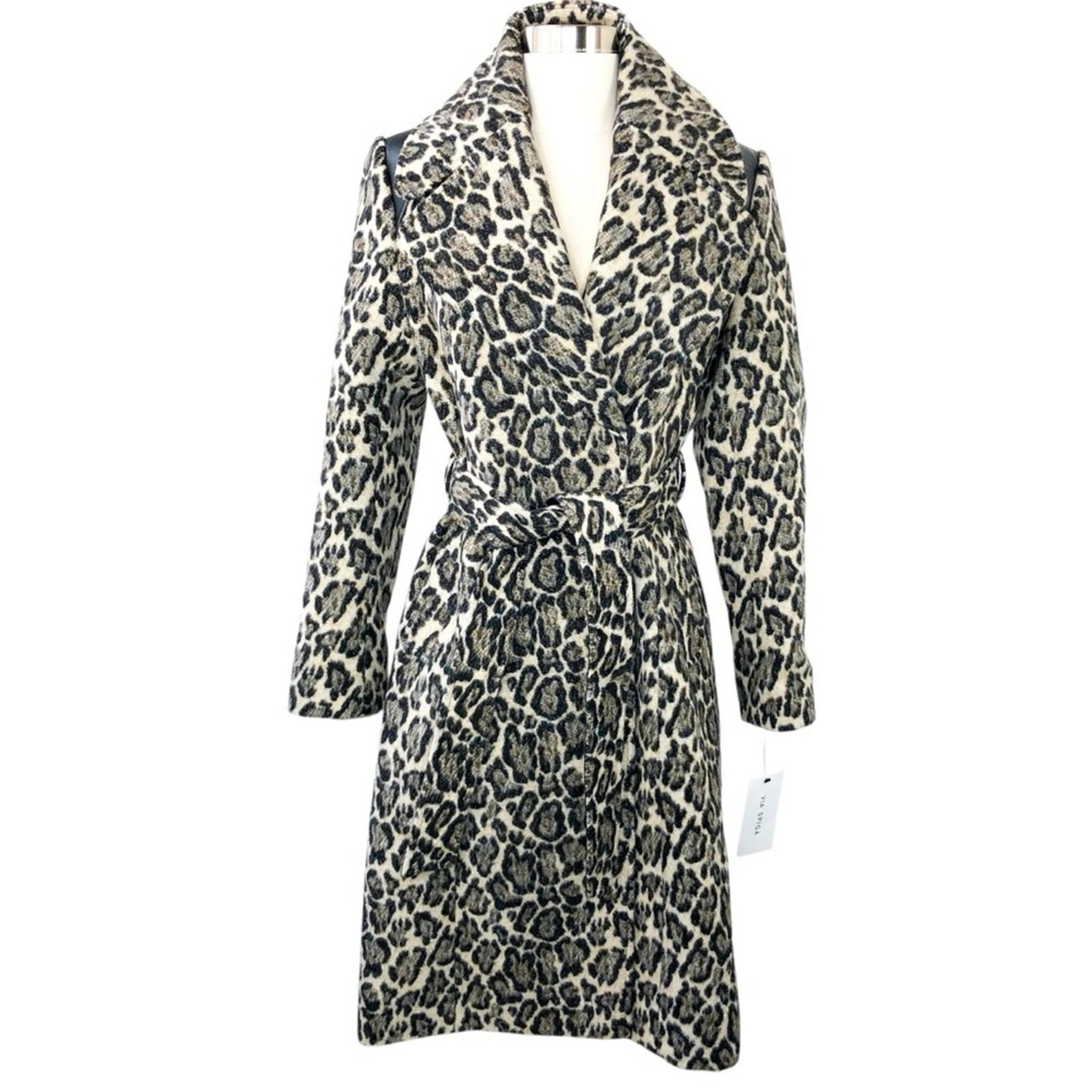 VIA SPIGA Blonde Leopard Coat • Vegan Leather Wrap Jacket Small Animal Print NWT