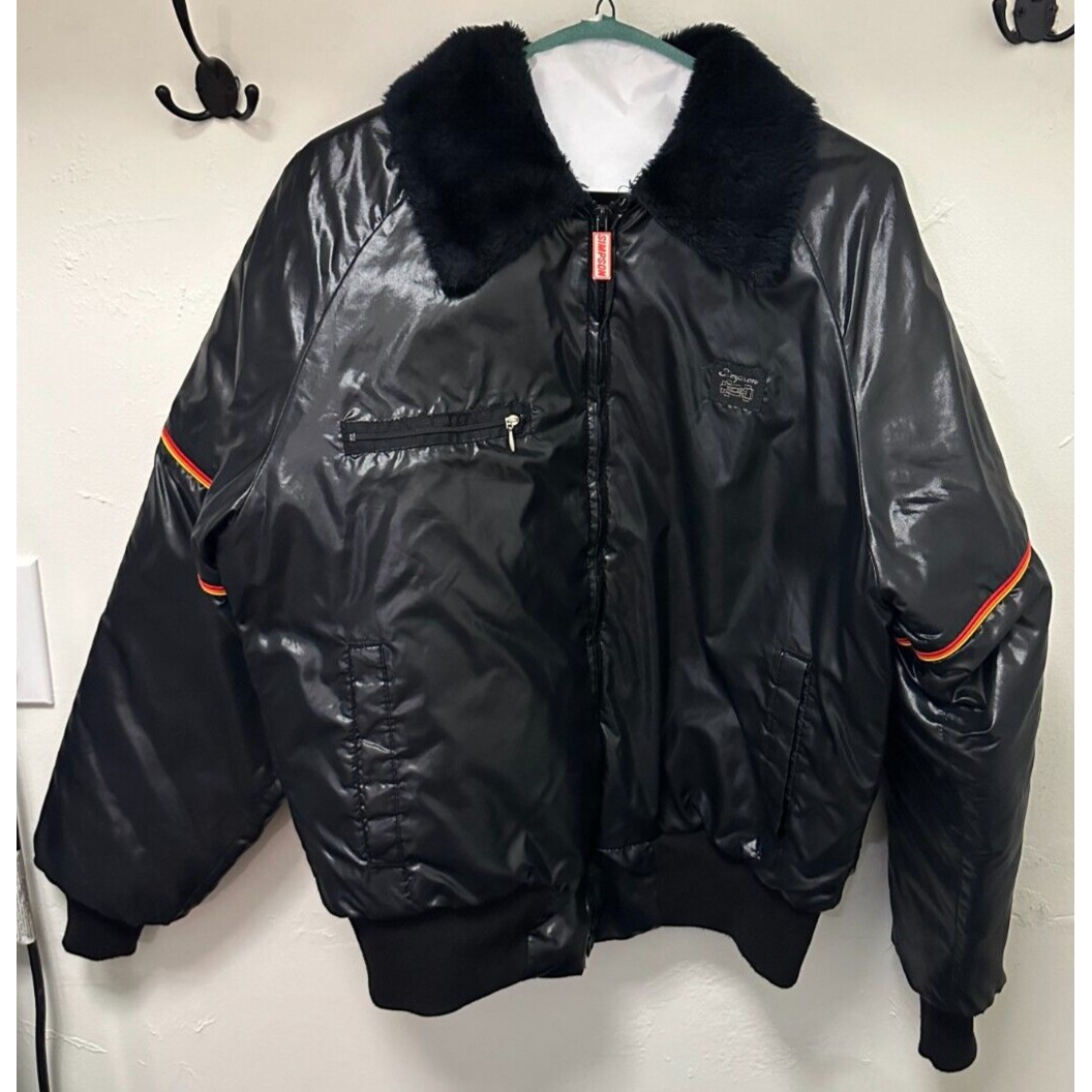 Vtg USA Simpson Racing Black Nylon Moto Jacket w/Faux Fur, Full Zip Sz Medium