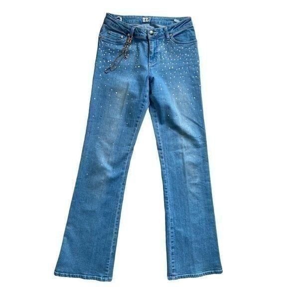 MSRP 198 STUNNING CACHE Sz 4 SILVER STUDDED BLUE JEANS Chain Sparkle Y2K RARE