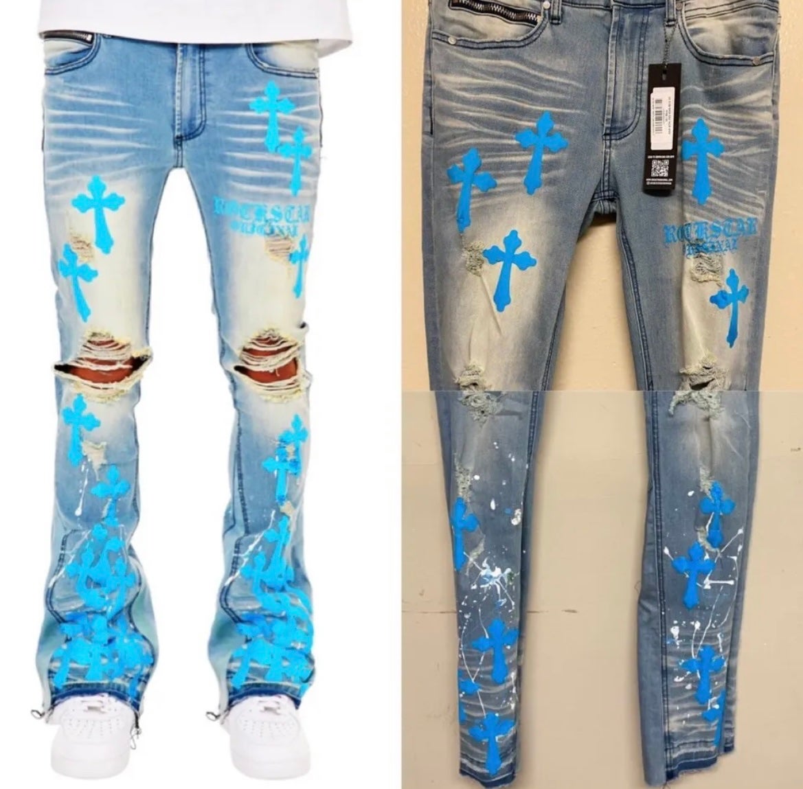 Rockstar Stacked Jeans Ripped Dark Blue Bleached Denim Jeans Stacked Pants