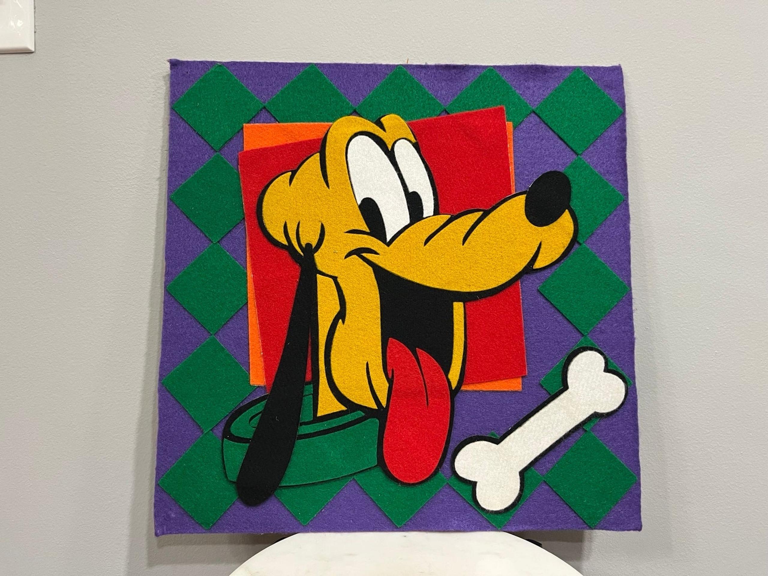 Funky Vintage 90’s Disney Pluto Checkered Raised Felt Unframed Picture 15” x 15”