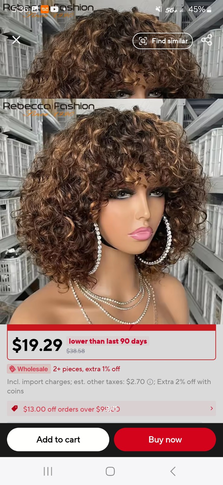 Elegant Human Hair 12inL Highlighted Curly Wig