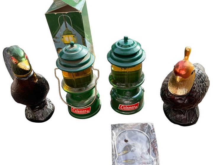 Vintage lot of 4 piece Avon decanter /2Coleman Lantern/pair Avon Quail