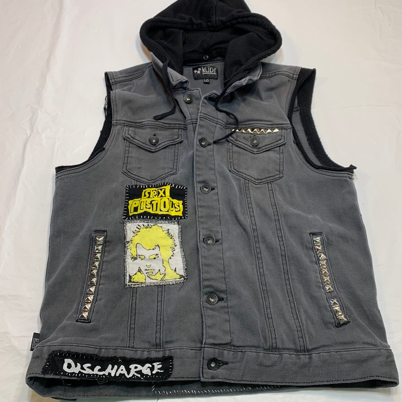 XXX Rude Gray Hoodie Vest Patches Men’s Large