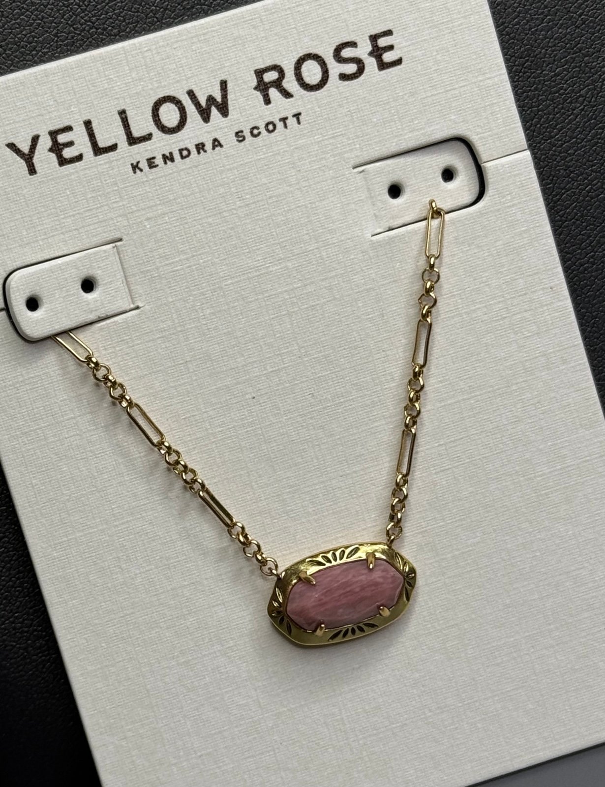Kendra Scott Yellow Rose Elisa Vtg Gold Etched Frame Necklace in Pink Quartzite