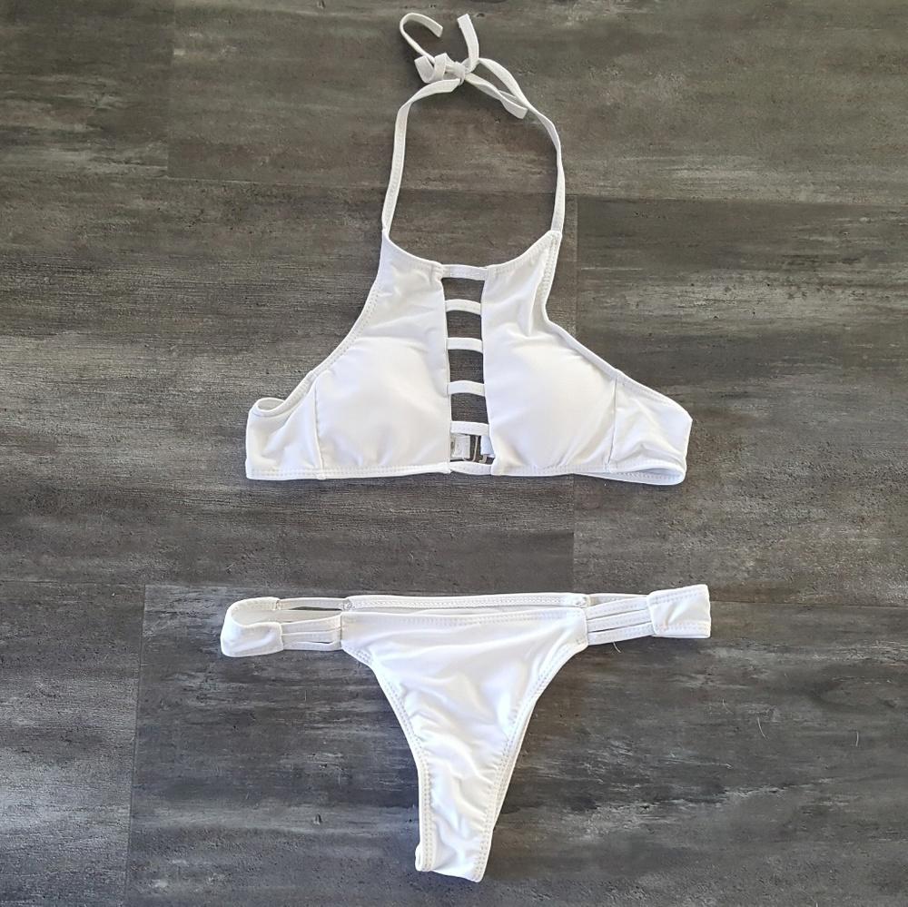 White High Neck Strapped Bikini Set