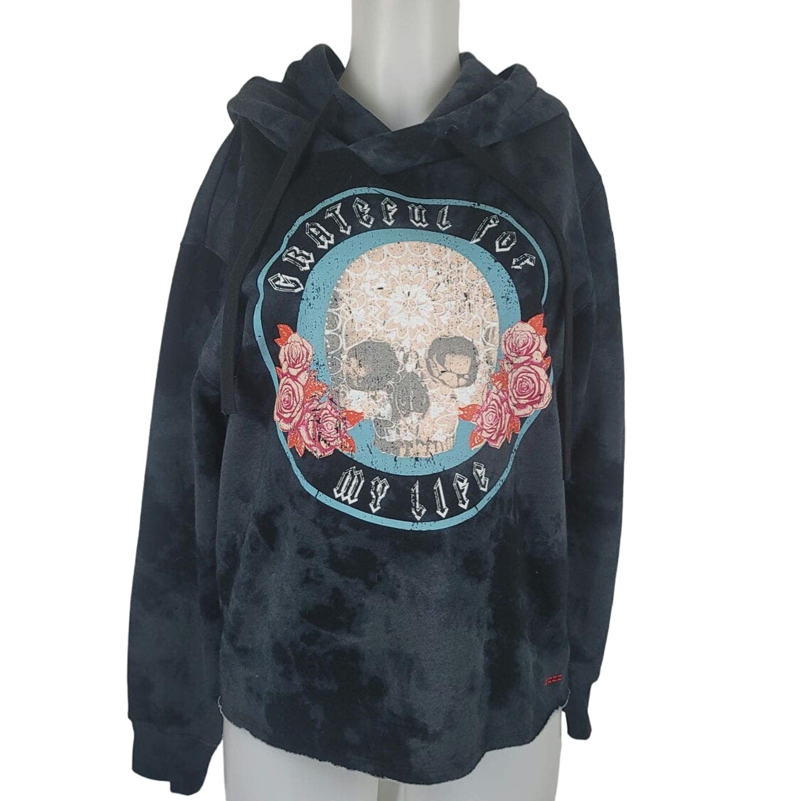 Peace Love World Hooded Black Skull Roses Tie Dye Women's Athletic Sweater S