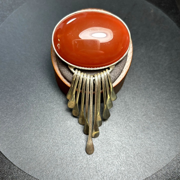 VTG Sterling Silver 925 Bezel Set Carnelian Tassel Brooch Size 3'' Length