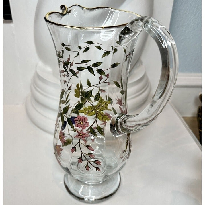 Crystal Clear Pitcher Glass Romania Handpaint Floral Gold Trim Drink 64 oz VTG