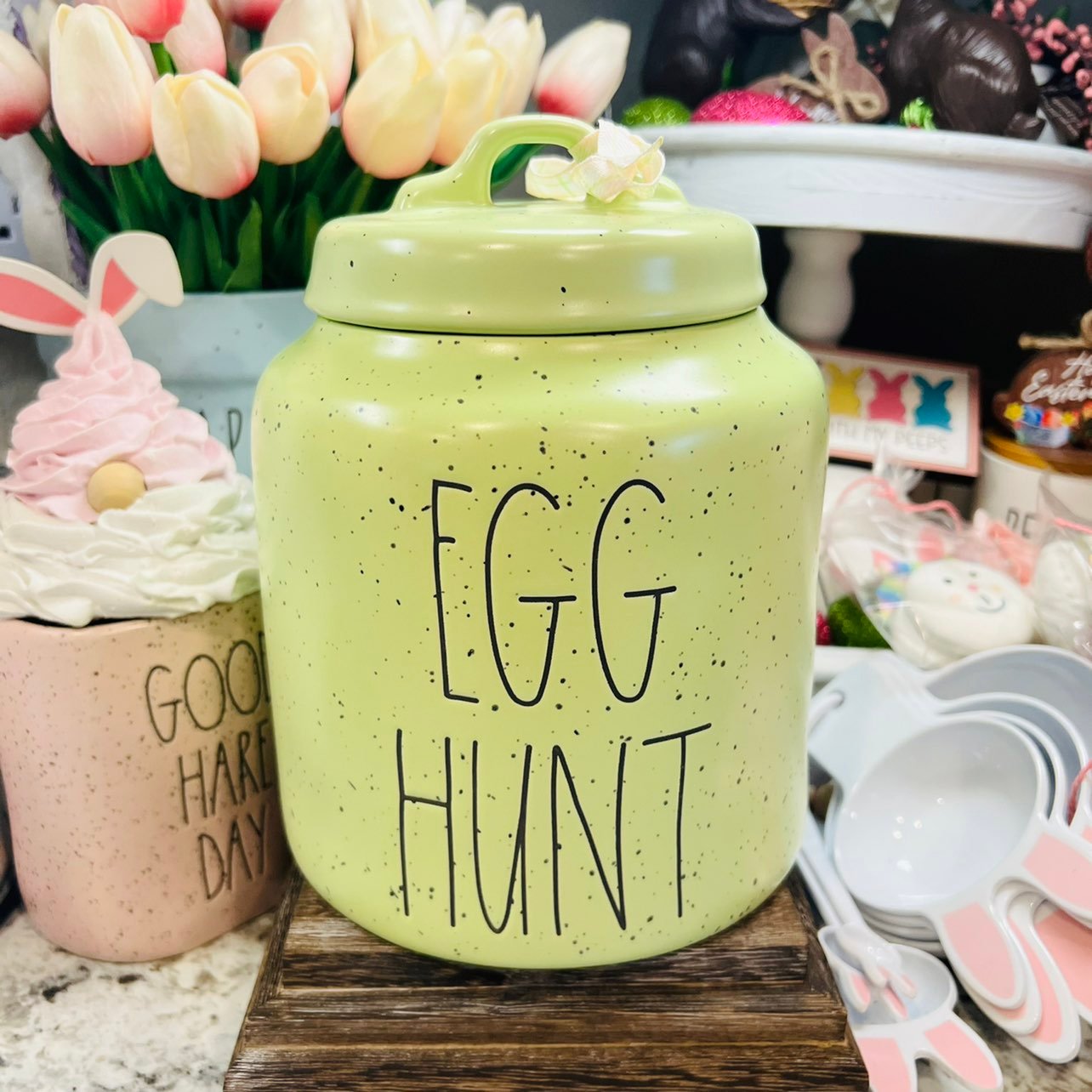 Rae Dunn Speckled Green Easter Egg Hunt Ceramic Canister Jar