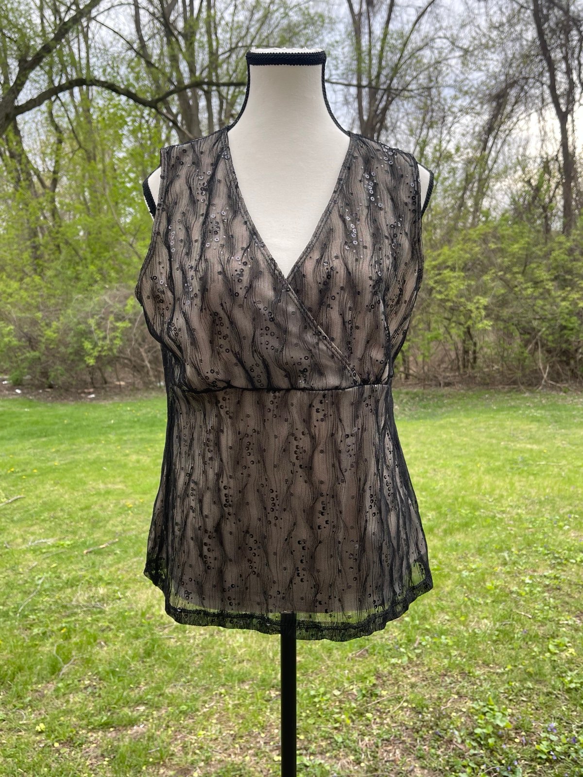 Romantic Sequin Embellished Mesh L Surplice Evening Peplum Blouse Sheer Overlay
