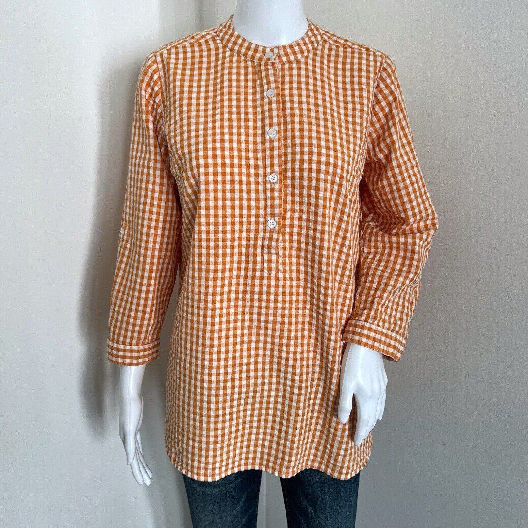 Madison Mathews Women's Tunic Size S Orange Gingham Roll Tab Sleeve Cotton