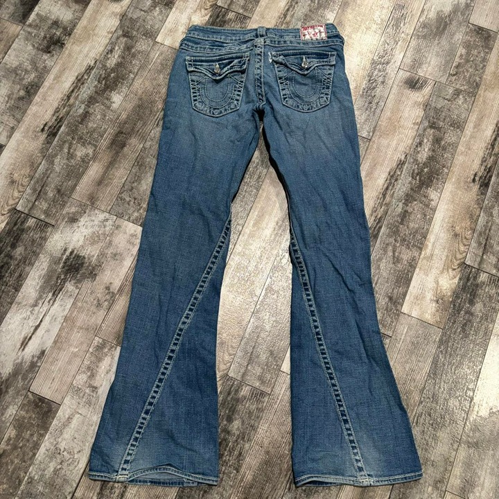 Vintage Y2K Blue True Religion Flared Flap Tab Jeans Size 28