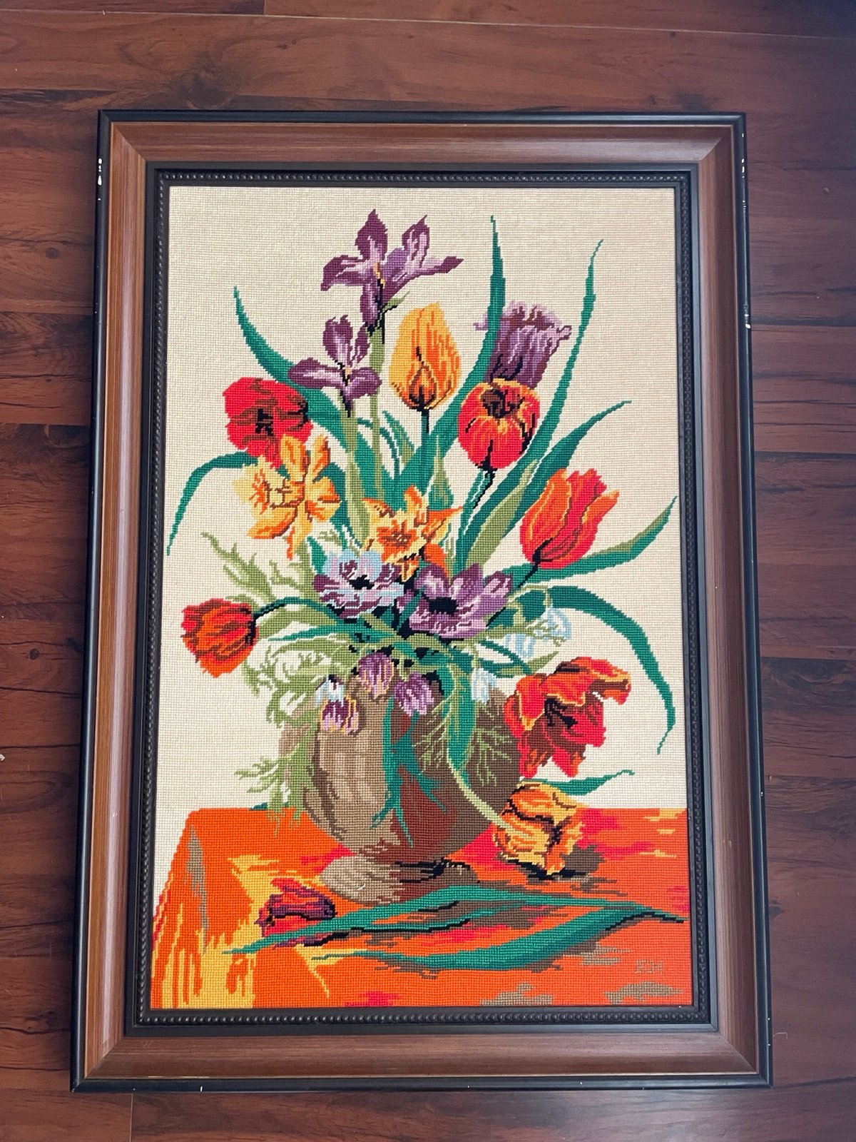 large vintage framed floral cross stitch