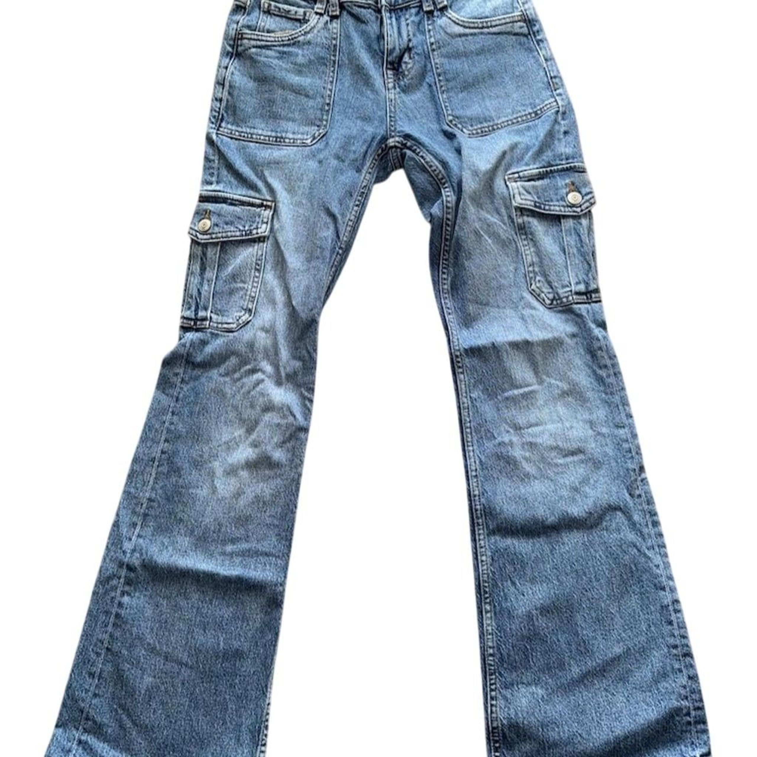 Aeropostale Women's Mid Rise Flare Jeans Blue Cargo Pockets Size 0 regular RARE