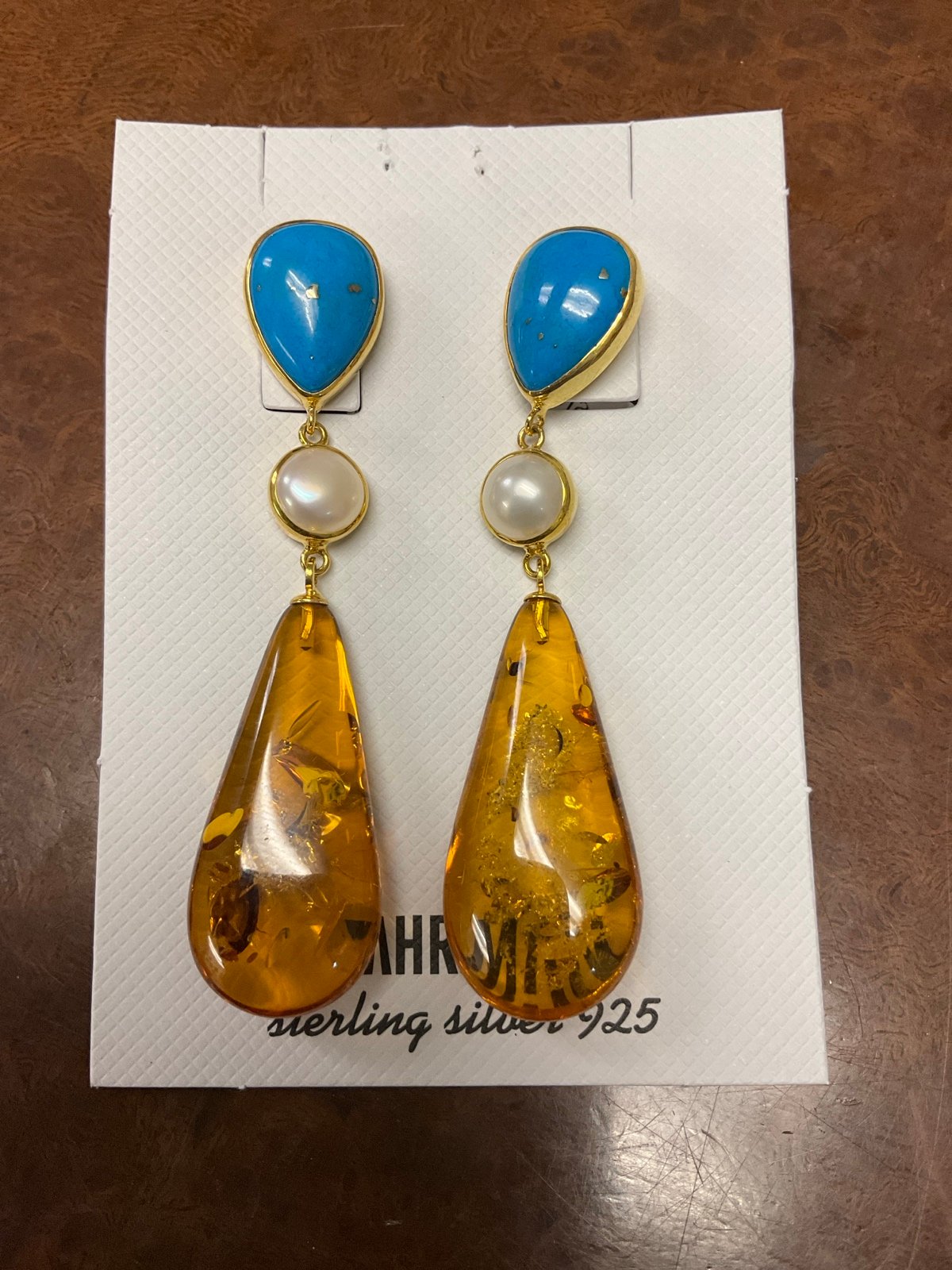 Sterling Silver Turquoise Amber Pearl Earrings