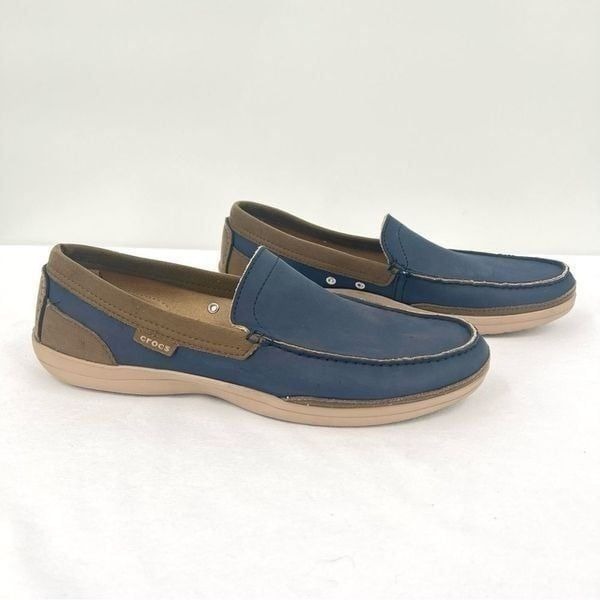 Crocs Wrap ColorLite Leather Like Navy Tumbleweed Tan Moc Toe Slip On Loafer 13