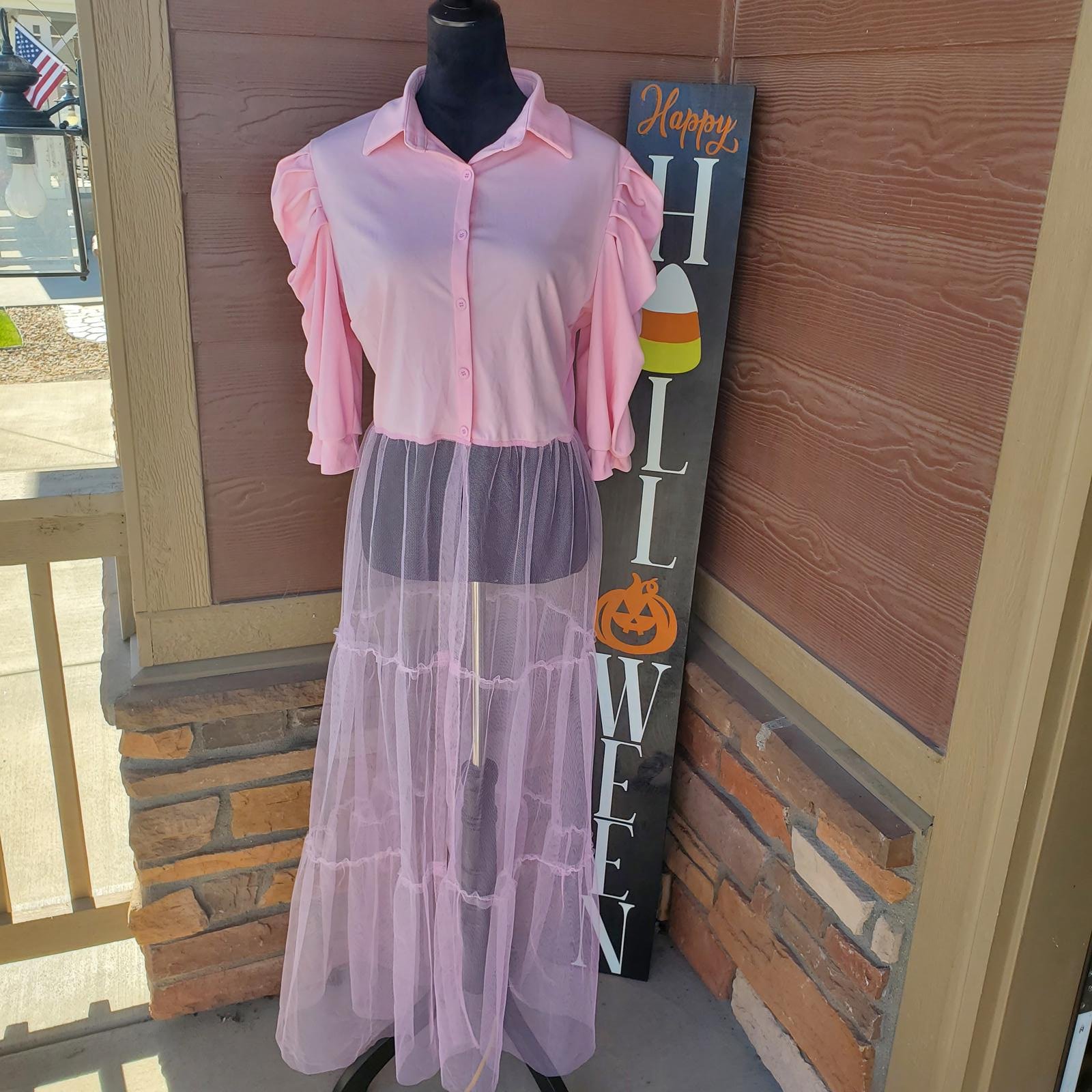 Pretty in Pink Button Down Puff Sleeve Sheer Mesh Tulle Skirt Top Size Medium