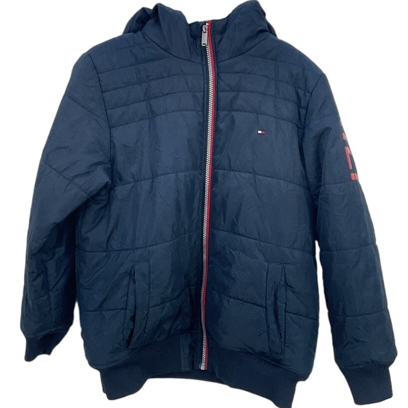 Tommy Hilfiger Boys Navy Blue Logo Print Hooded Full Zip Puffer Jacket Size L