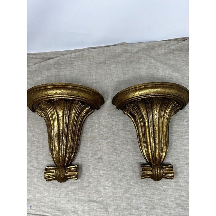 Antique Italian Made Wooden Wall Hanging Sconce Set Gold Gilted 8-1/2”