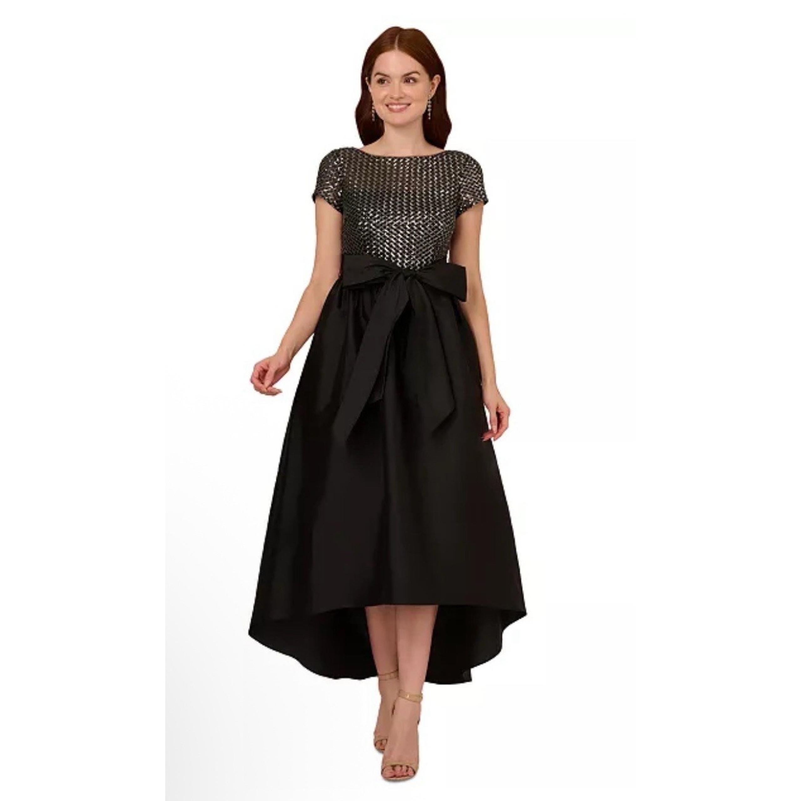 Adrianna Papell Women's Sequin High-Low Dress Size 14W Bow Black