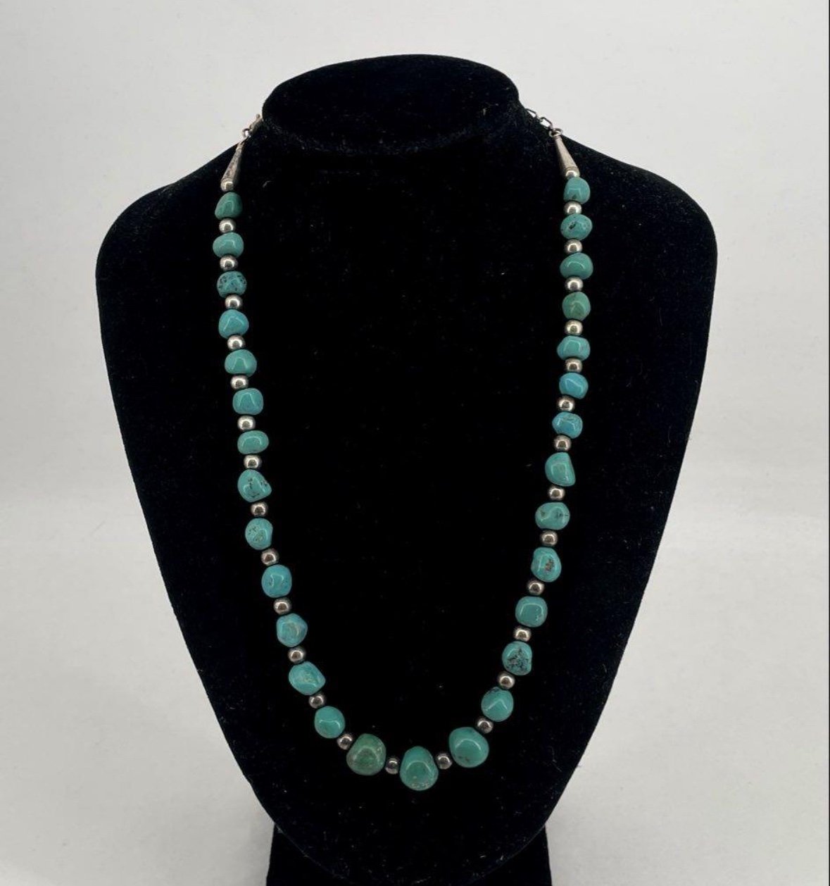 STERLING SILVER TURQUOISE BEAD CHAIN NECKLACE SOUTHWEST VINTAGE 20.2”