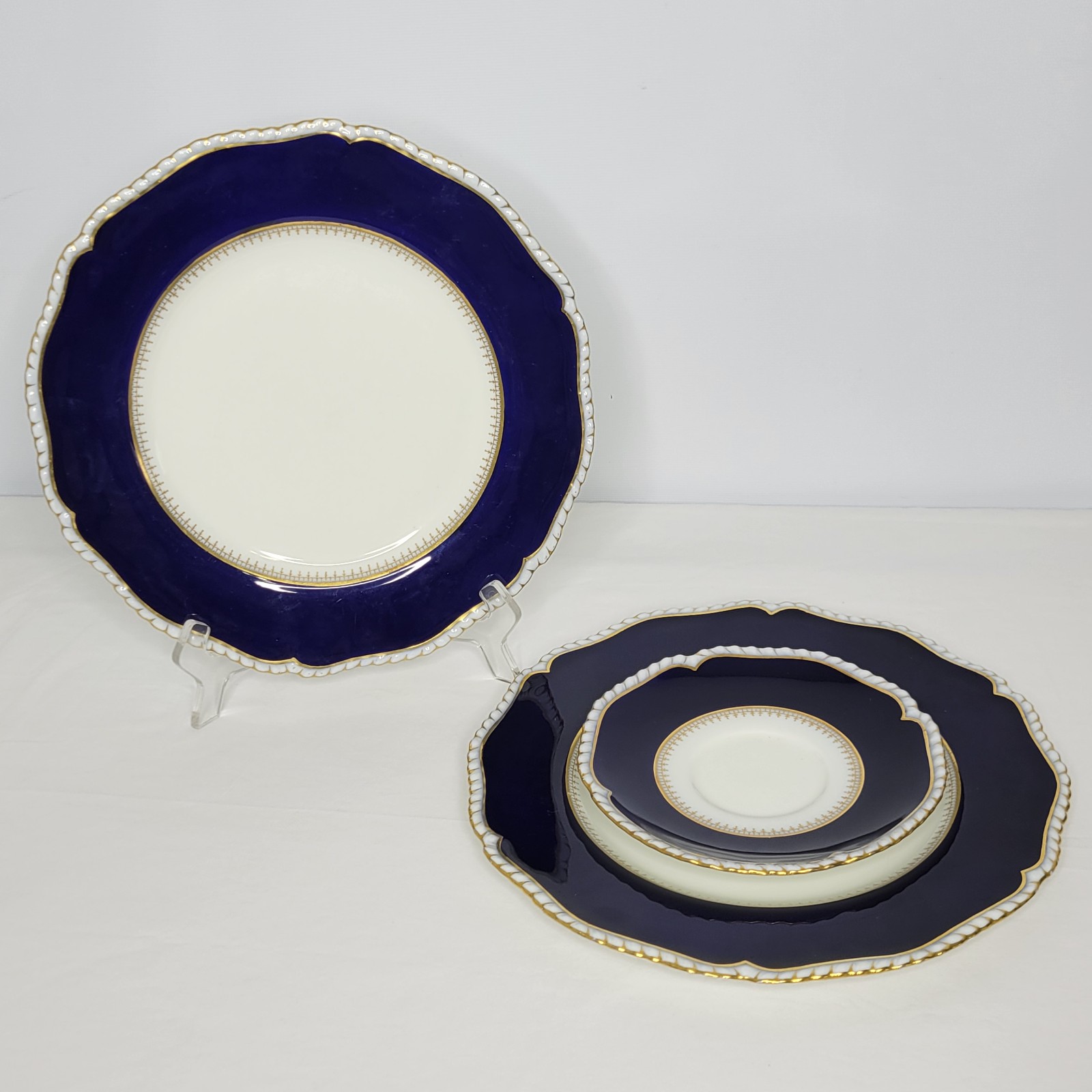 Pair of Vintage Royal Worcester Blue White Gold Dinner Plates & Saucer Pie Crust
