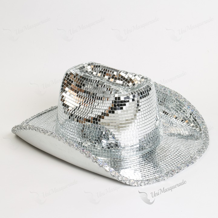 Silver Cowboy Cowgirl Hat with Shiny Disco Ball Mirrors for a Rave Party Twist