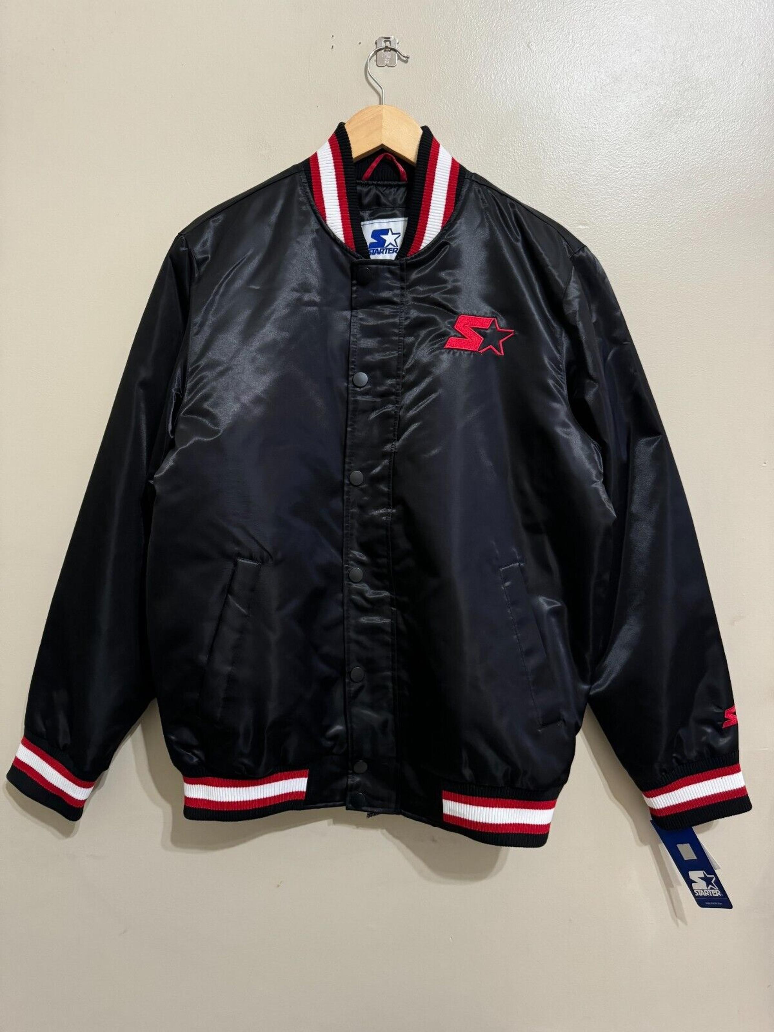Starter Satin Vintage 90's Bomber Jacket Snap Buttons Quilted Black Red Mens M