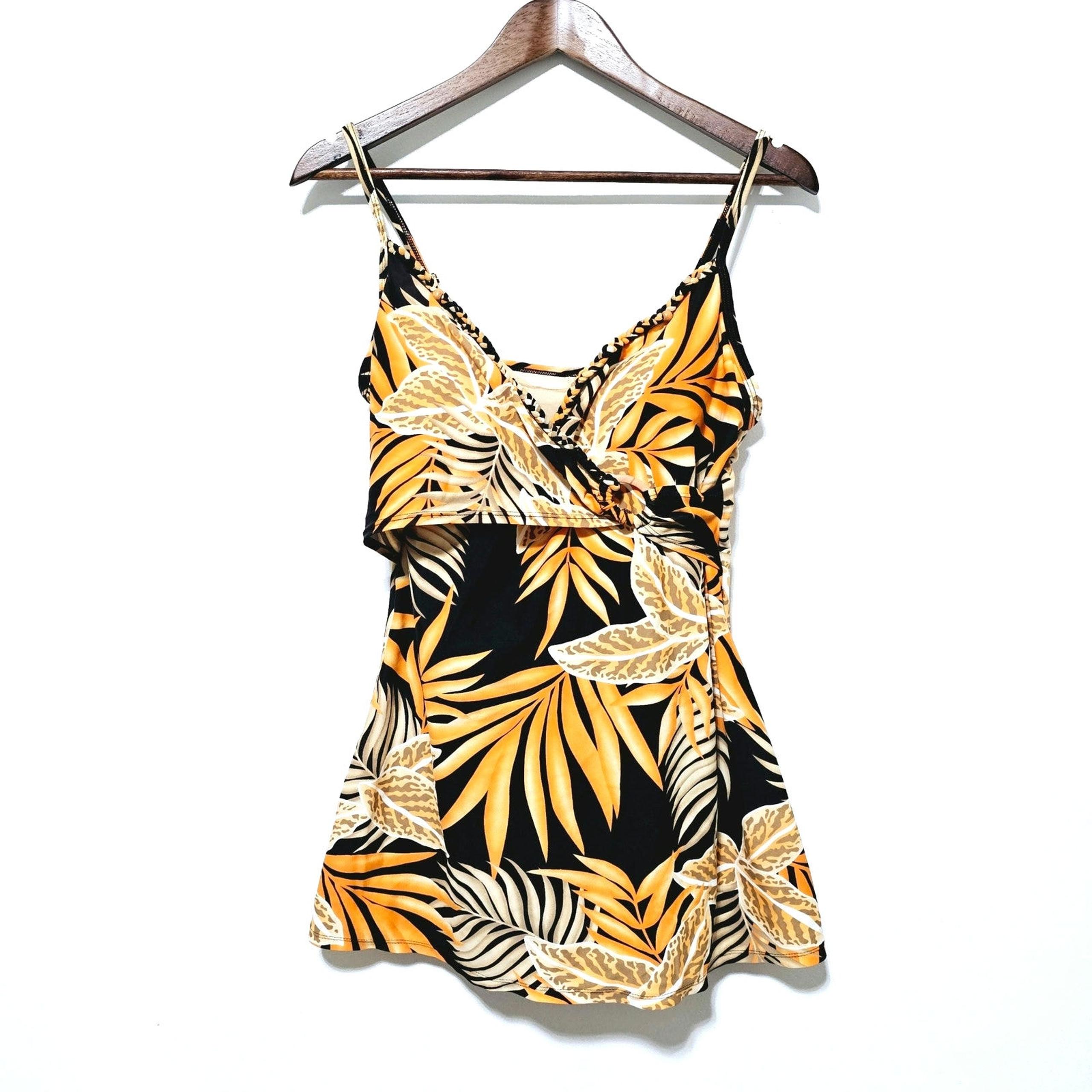 Christina Skirted Swimsuit Size 14 Orange Brown Tropical Leaf Print Beach