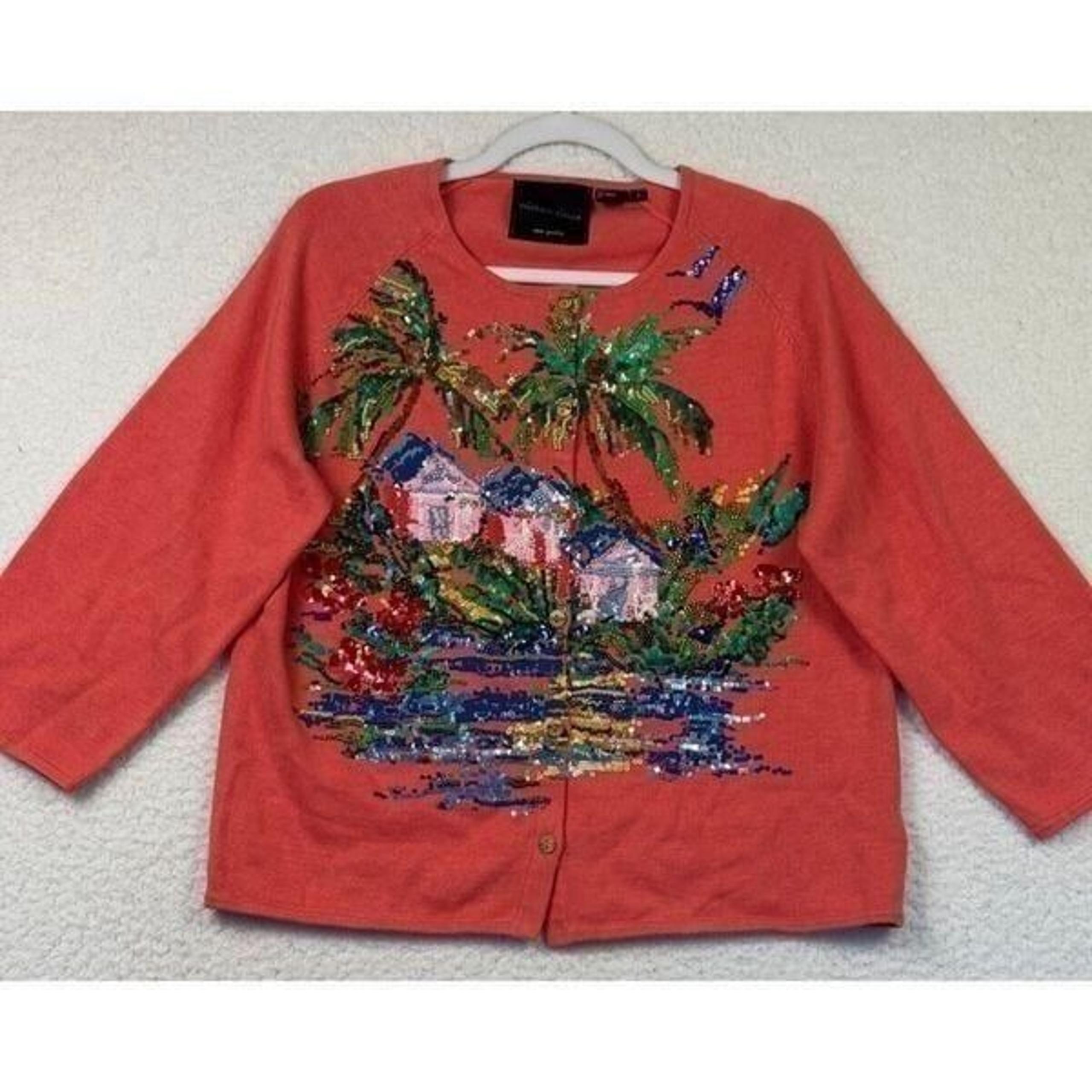 Michael Simon Tropical Cardigan Sweater Beaded Sequin Coral Art Size Large