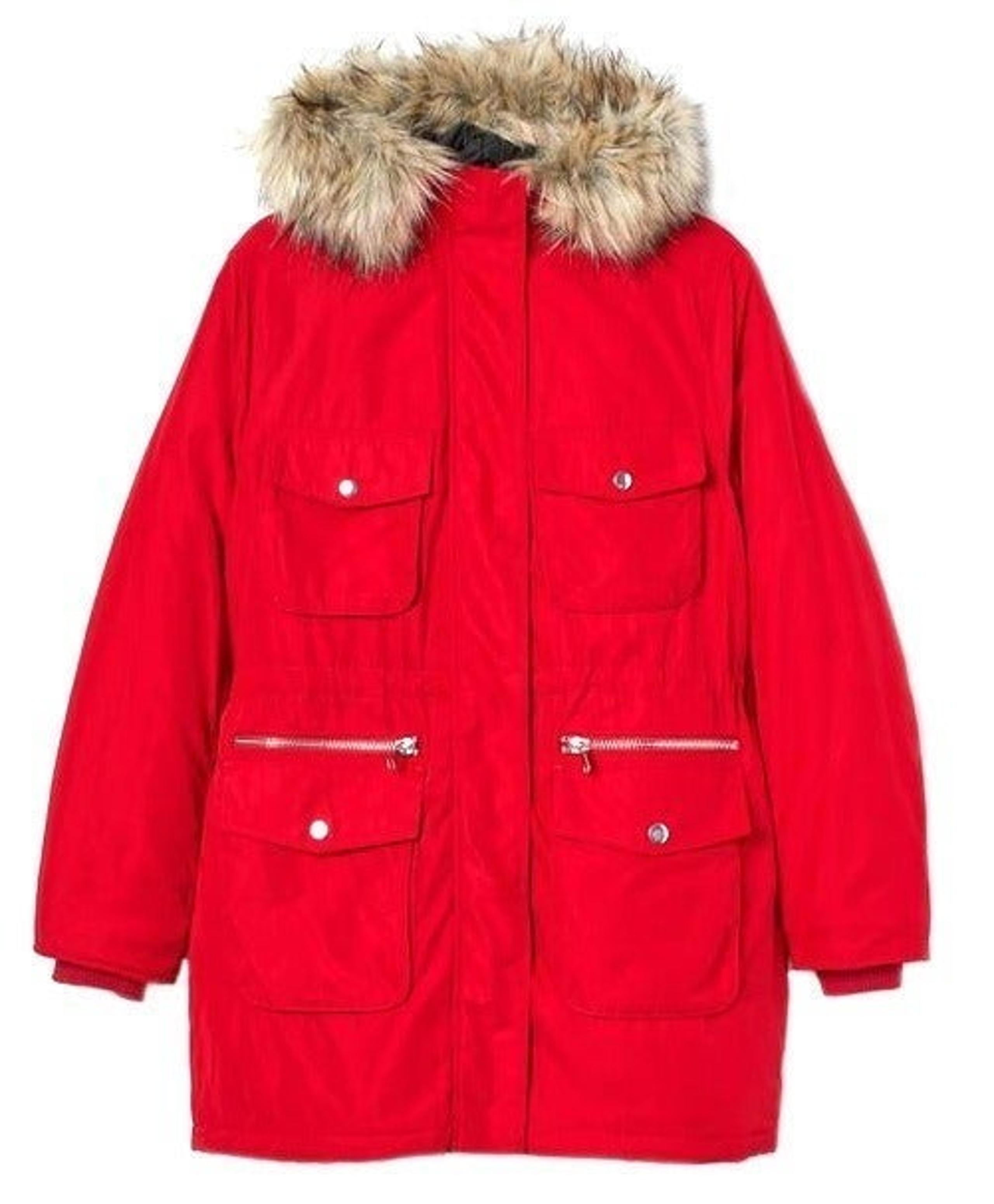H&M Women's Padded Parka Coat w/Removable Faux Fur Collar Winter Red S Small New